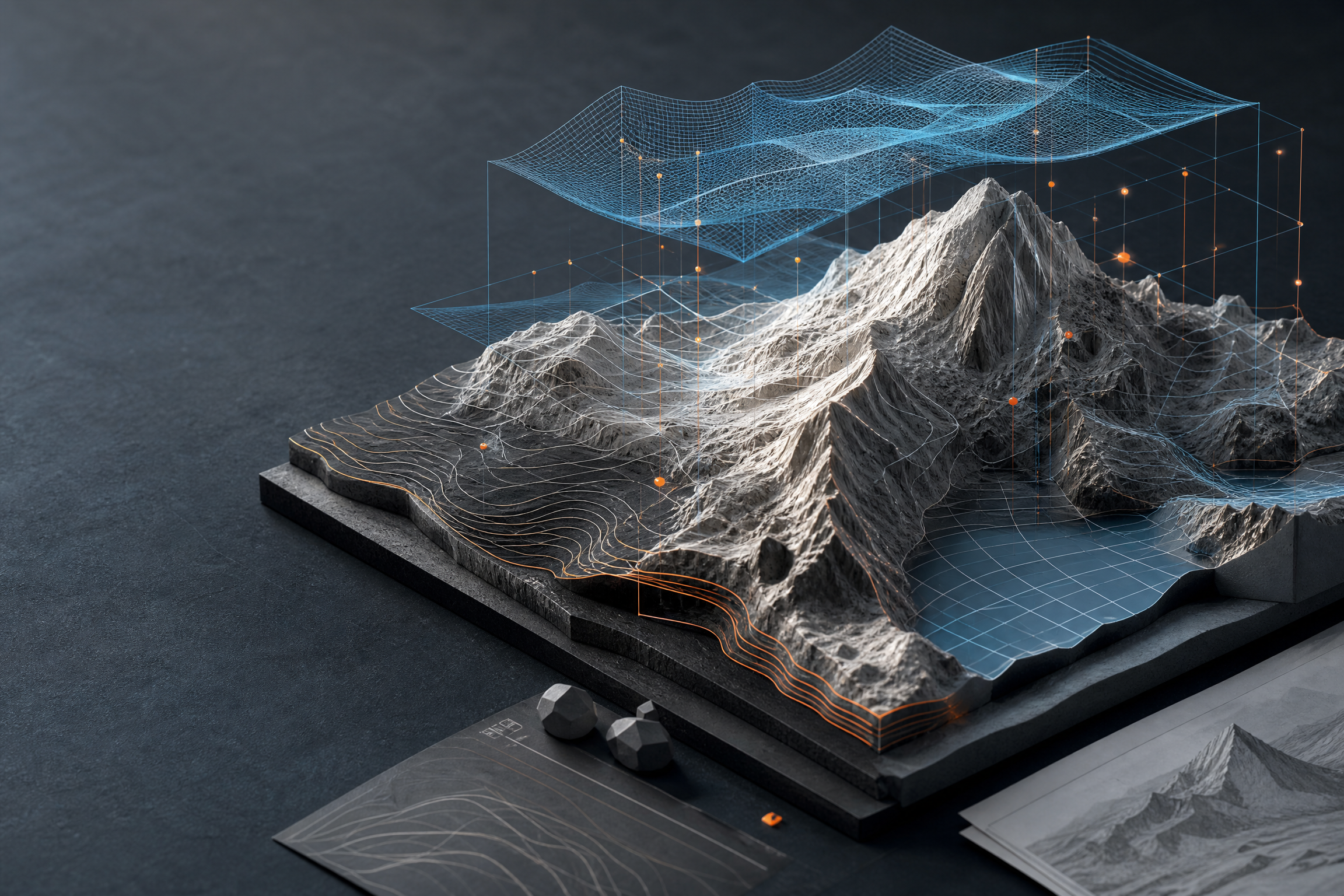 Abstract 3D terrain and tooling forms on a drafting surface