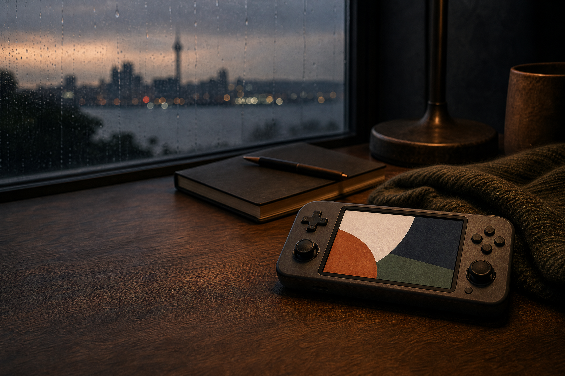 Portable game device on a dark timber desk